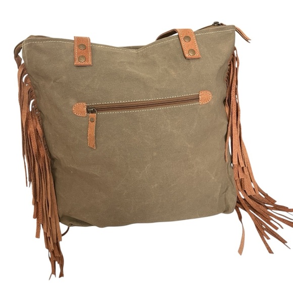 Olay Canvas Shoulder Bag Hair On Cowhide Leather Tote Aztec Fringe Neutral Color - Picture 6 of 9